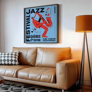 Music wall art of a red saxophone player with black text above a tan leather sofa and a orange lamp