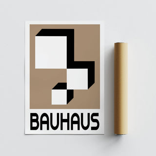 Geometric wall hanging with white and black geometric blocks next to a brown packaging tube