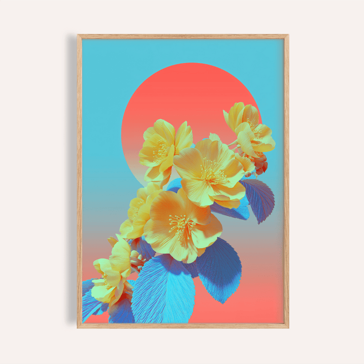 Framed close-up of vibrant floral wall art with yellow flowers and blue leaves on a blue and red background