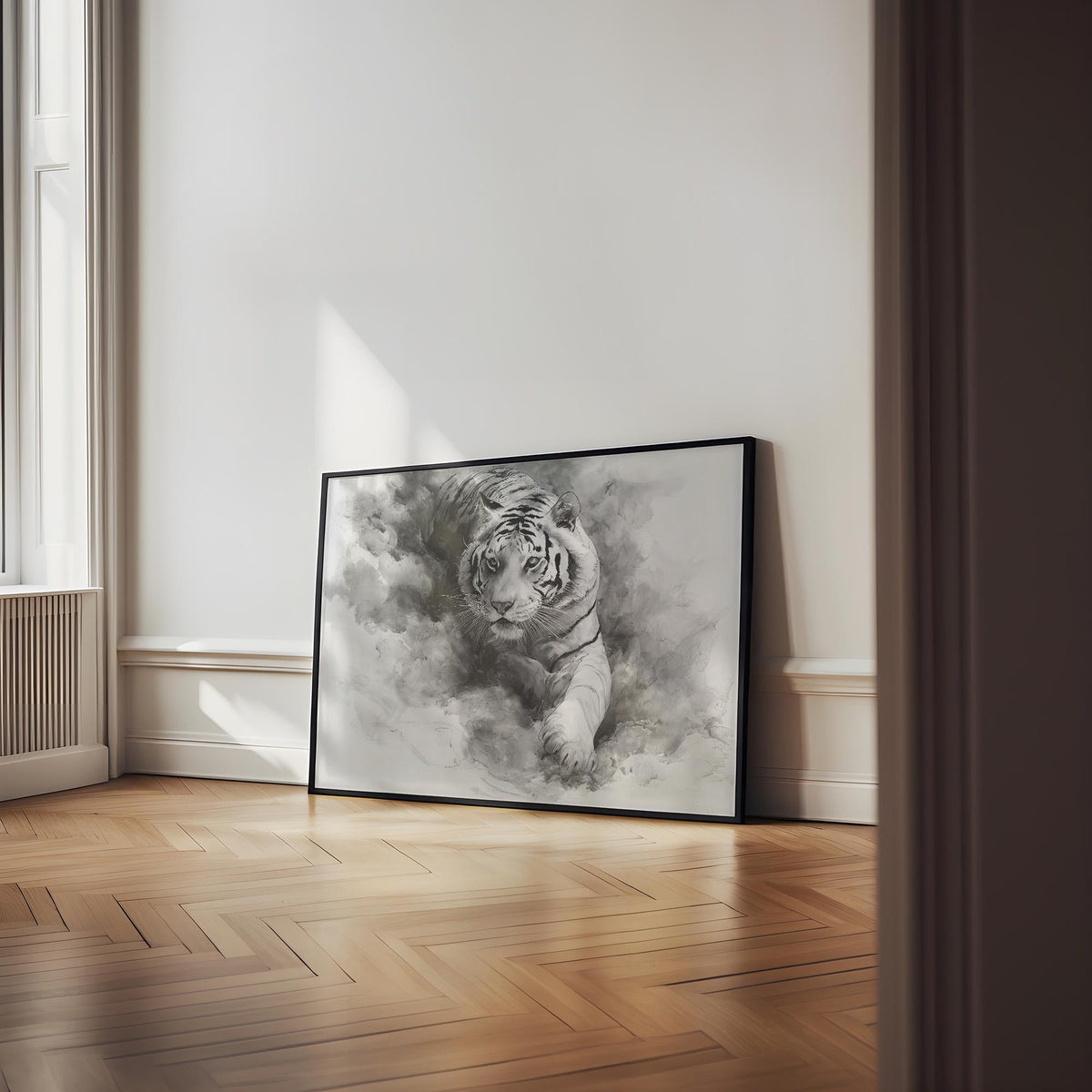 Landscape Tiger Print leaning on a wooden floor with light grey wall and window nearby