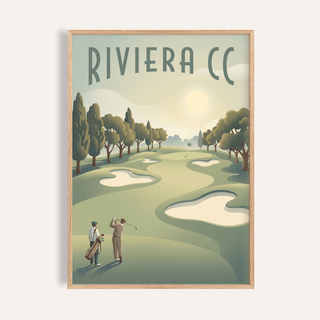 Golf Landscape Poster framed print close-up with vintage style golfers and green course