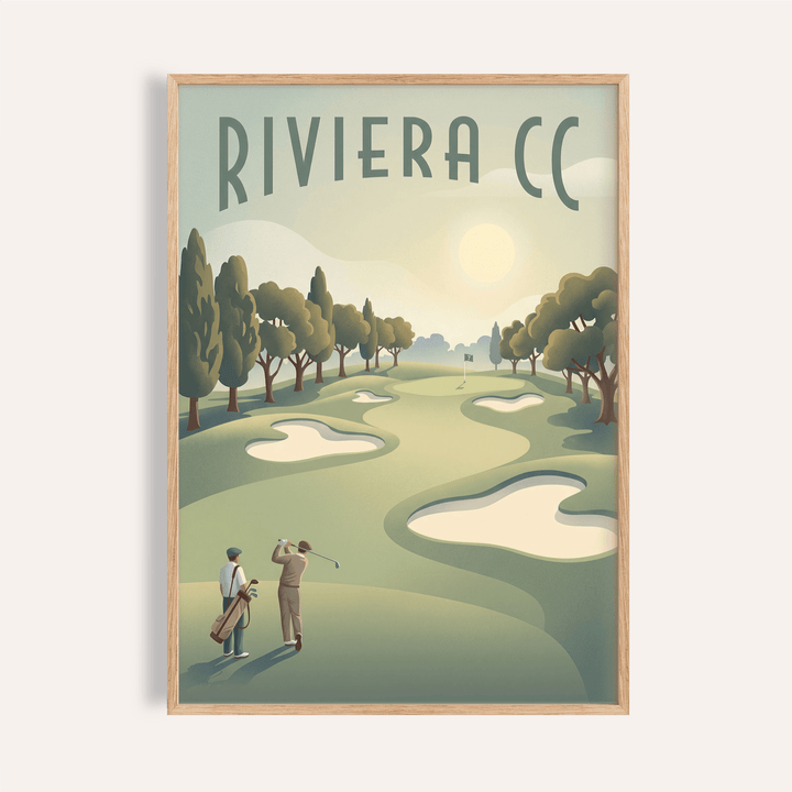 Golf Landscape Poster framed print close-up with vintage style golfers and green course