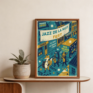 Framed Paris Jazz Poster with fox playing drum in blue and yellow tones on wooden table with plant pot