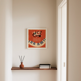 Jazz Art Print framed on a white wall above a wooden shelf with books and a vase