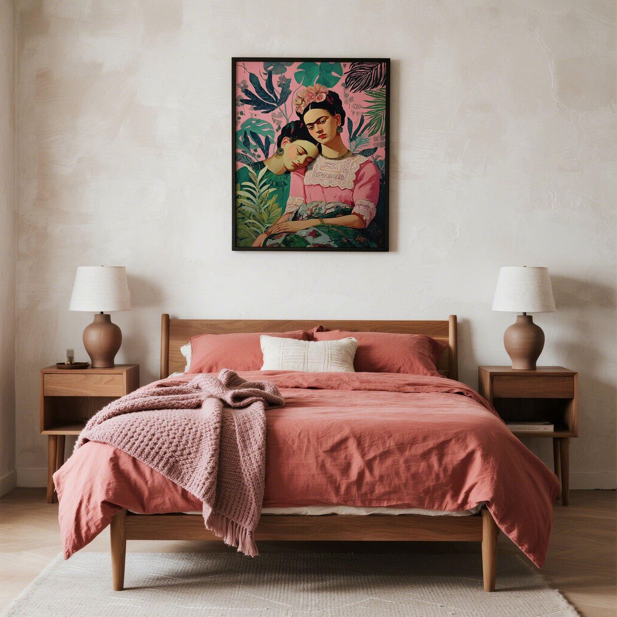 Wall Art Frida Kahlo hung above double bed with pink bedding and bedside lamps