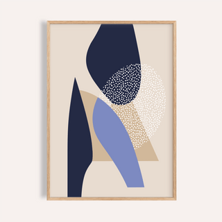 Framed Abstract Art Poster with blue and beige shapes and a dotted white oval