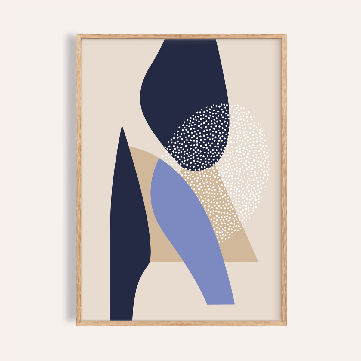 Framed Abstract Art Poster with blue and beige shapes and a dotted white oval