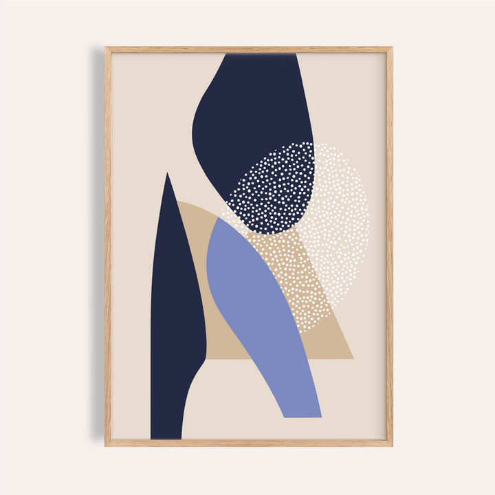 Framed Abstract Art Poster with blue and beige shapes and a dotted white oval