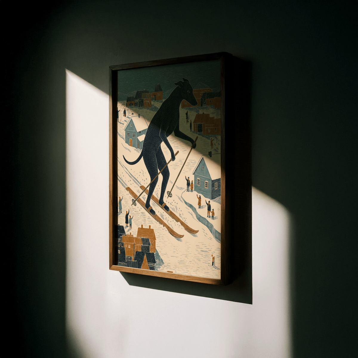 Framed skiing dog art print with folk art style casting shadow on a wall