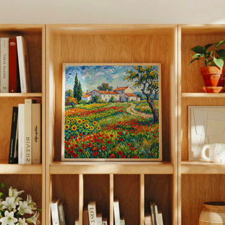 Van Gogh painting leaning on a shelf with a flower pot and books showing a colourful countryside scene