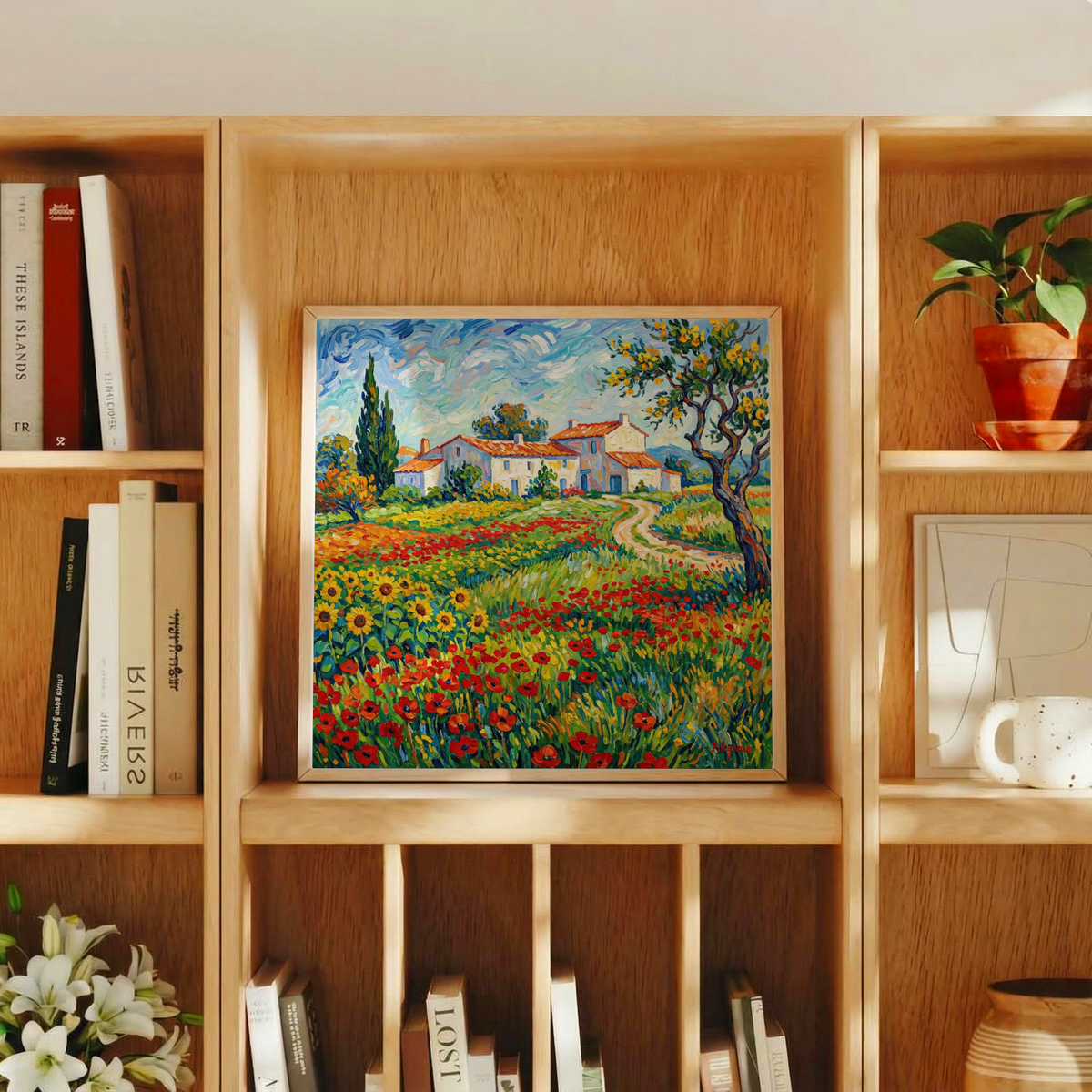 Van Gogh painting leaning on a shelf with a flower pot and books showing a colourful countryside scene
