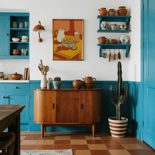 Mexican Cuisine wall art of minimalist guacamole bowl with nachos above a wooden sideboard in kitchen
