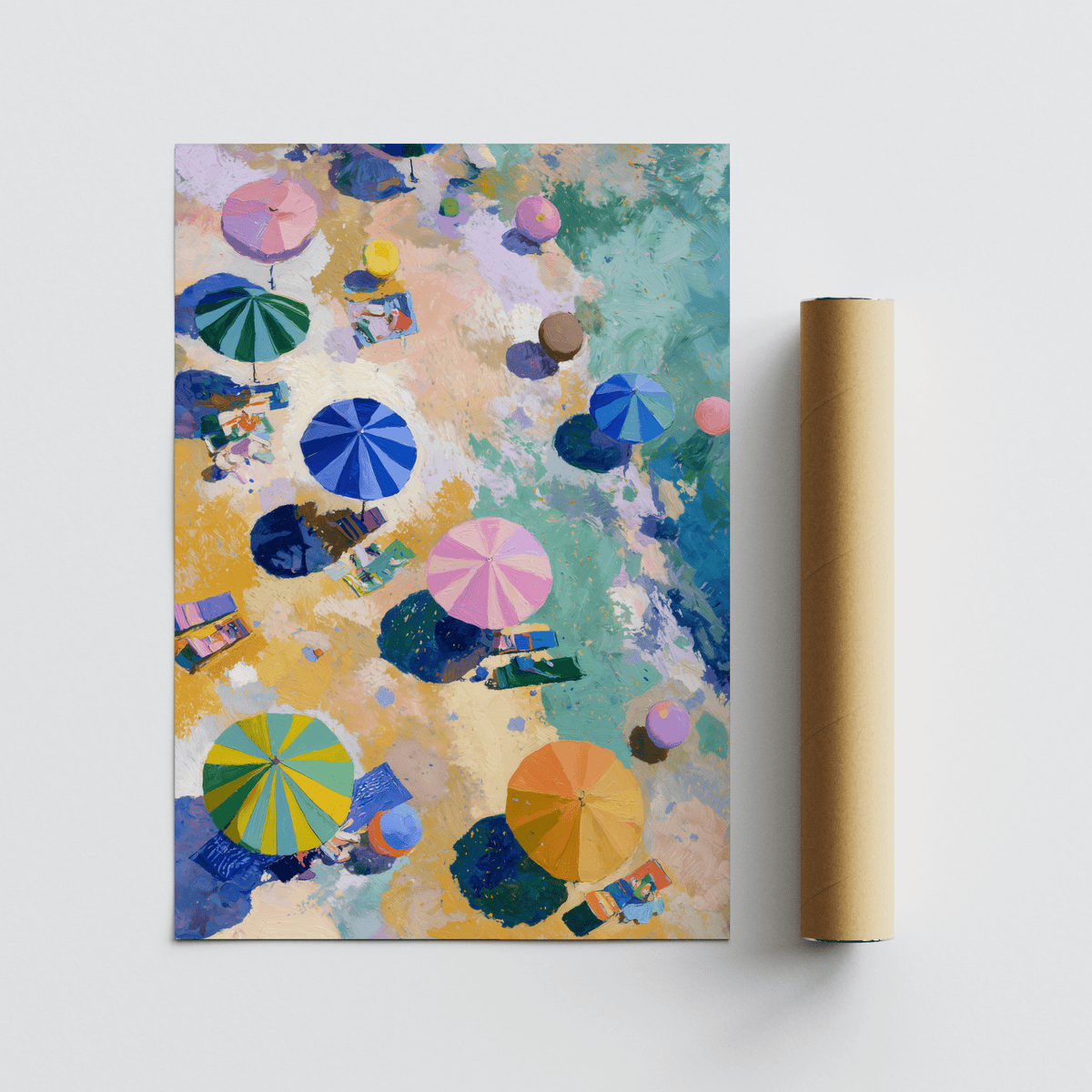 Beach Umbrellas Print showing colourful striped beach umbrellas on sand next to the sea with packaging tube