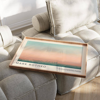Skyline wall pictures on a wooden tray with a pastel city skyline and text
