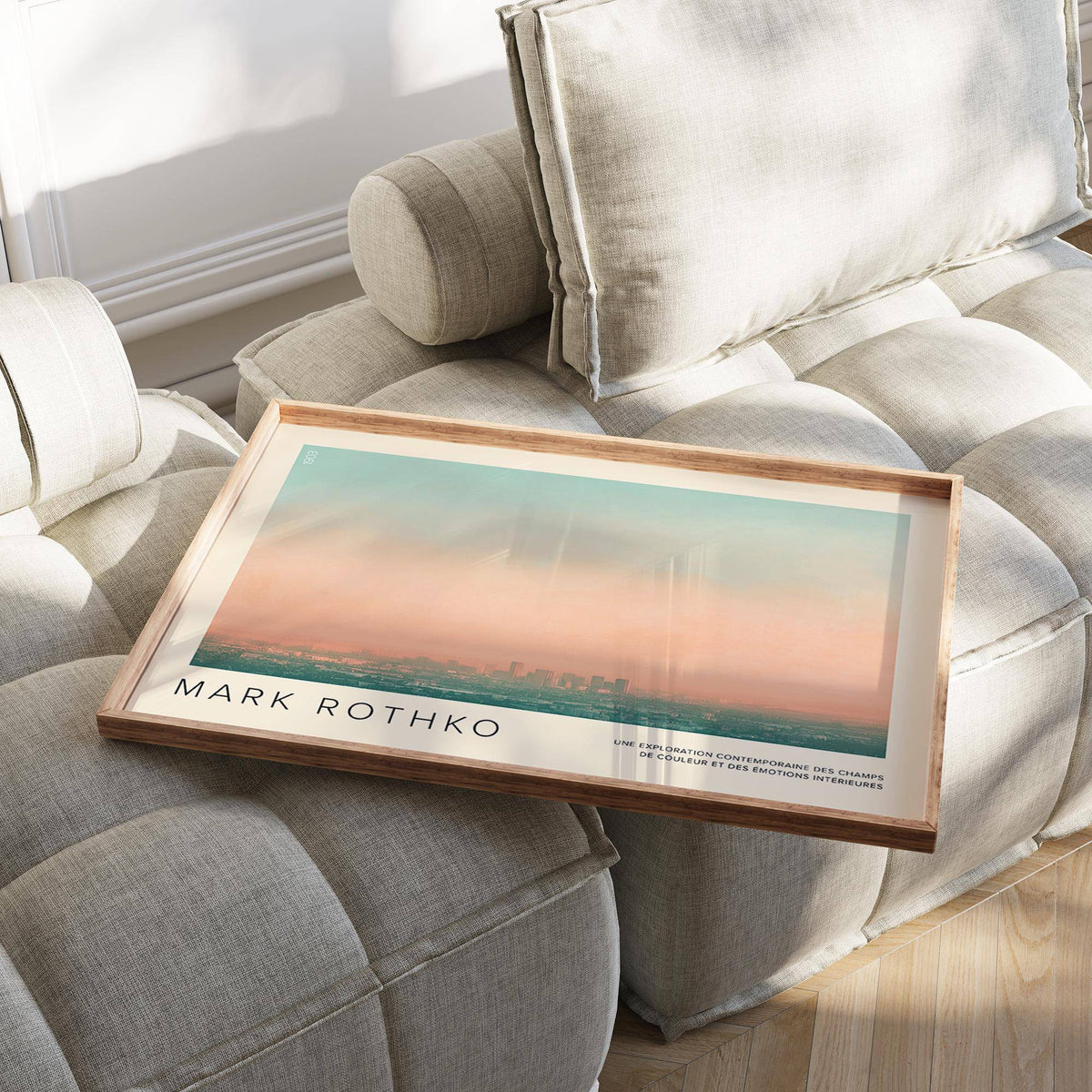 Skyline wall pictures on a wooden tray with a pastel city skyline and text