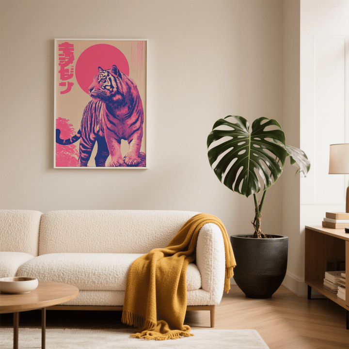 Colourful Tiger wall art featuring a standing tiger in pink and beige above a sofa with a mustard throw