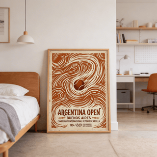 Argentina Open Poster print leaning on floor with warm brown tennis ball pattern near a bed