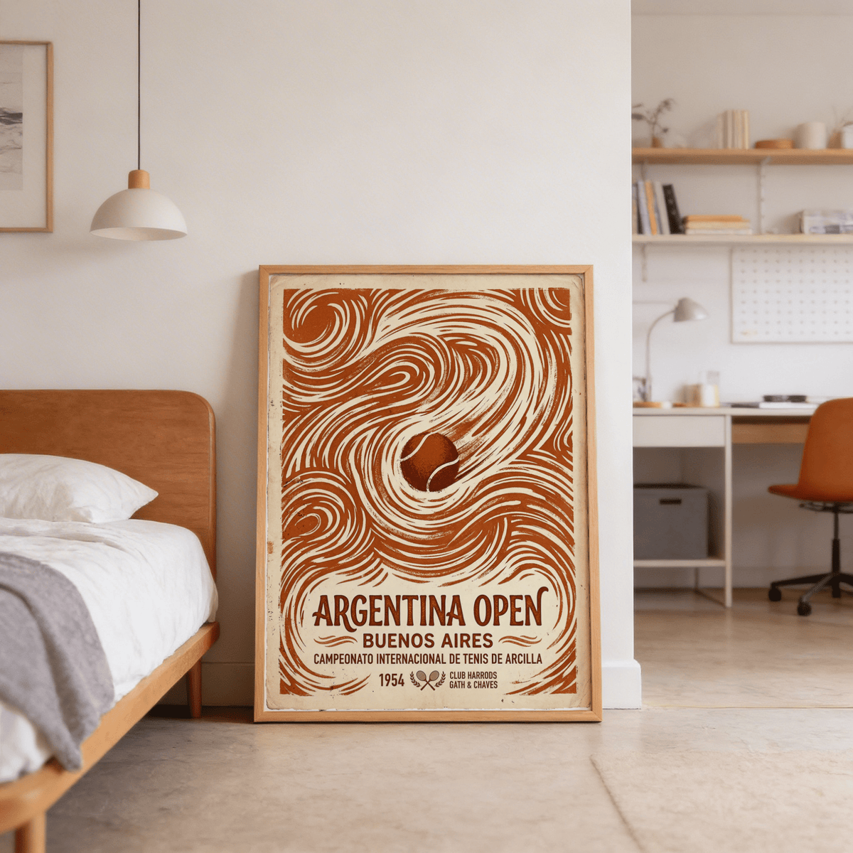 Argentina Open Poster print leaning on floor with warm brown tennis ball pattern near a bed