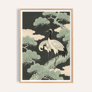 Framed print of Japanese Art Set with two cranes in muted green and black tones