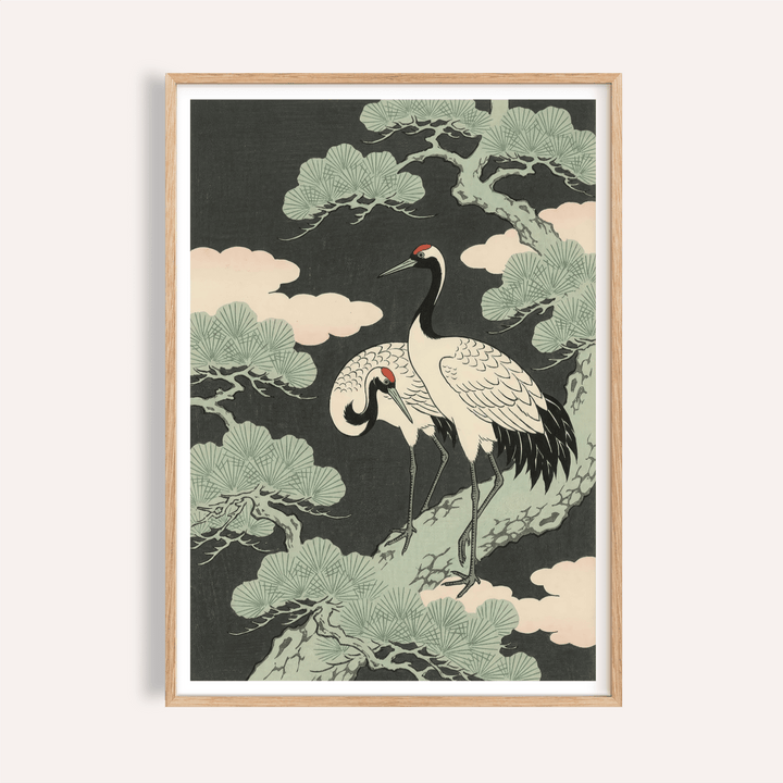Framed print of Japanese Art Set with two cranes in muted green and black tones