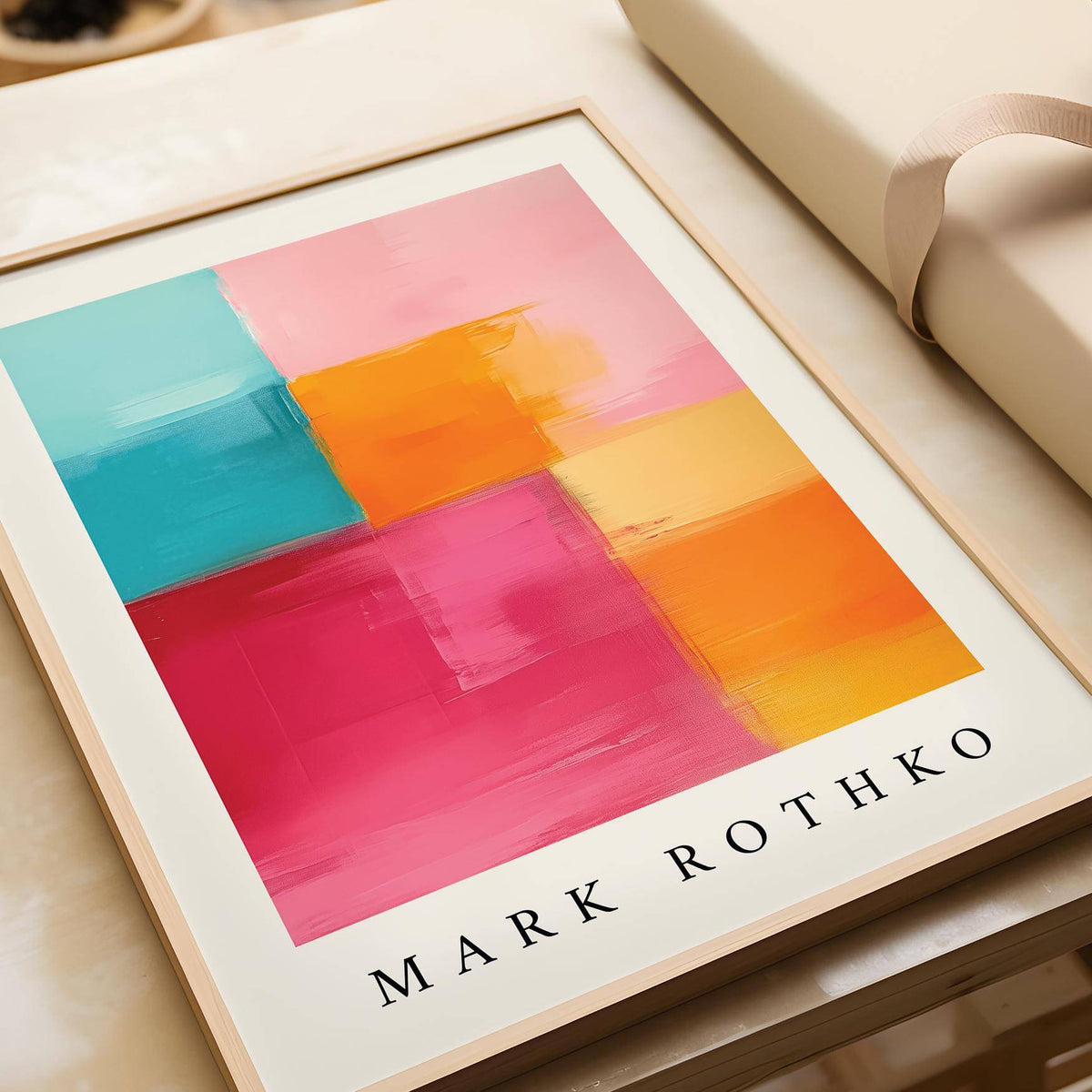 Framed print of abstract art with pink orange and blue colour blocks laid on a wooden table next to a pink box