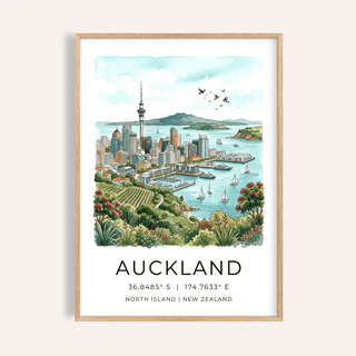 Framed Auckland City Art Print featuring a watercolour and illustration of Auckland skyline with greenery and blue water