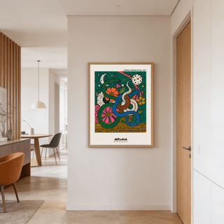 Print of three intertwined snakes with bright colours hung on a wall in a hallway with a chair
