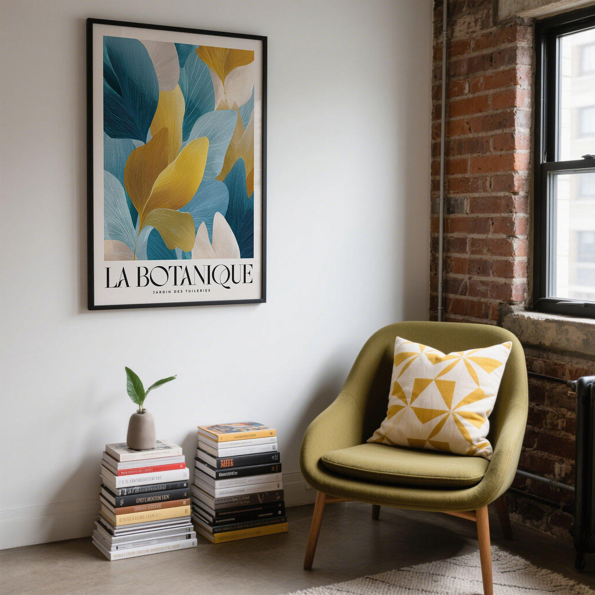 Framed luxurious wall art with blue and gold leaves above books and beside a green armchair
