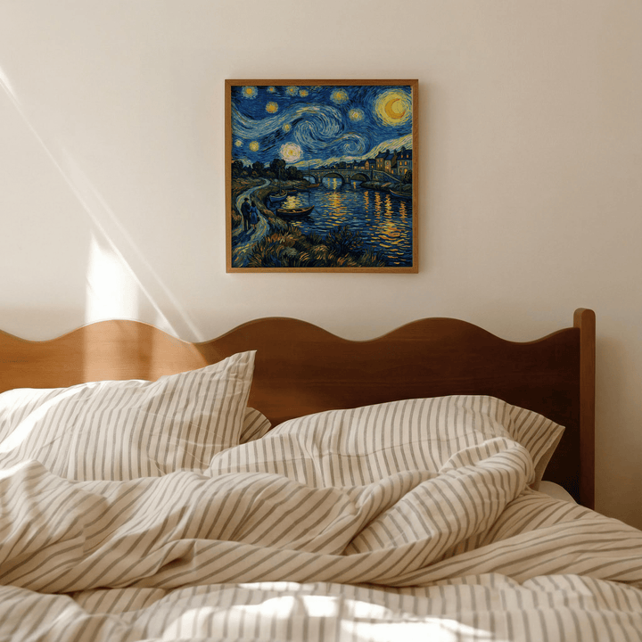 Vincent Van Gogh Poster starry night river scene in blue and yellow above a wooden bed