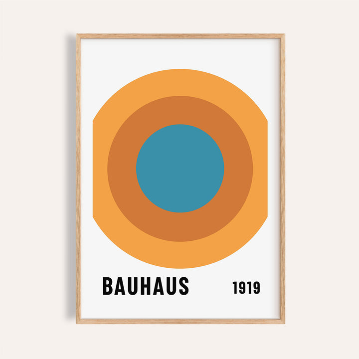 Framed Bauhaus Circle Poster with concentric circles in blue and orange on white background