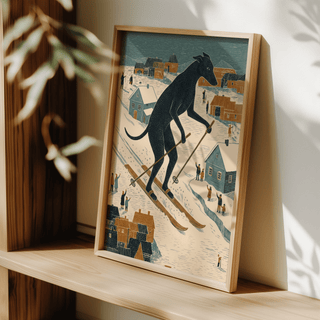 Framed Skiing Dog Art Print leaning on a wooden shelf with sunlight and shadows