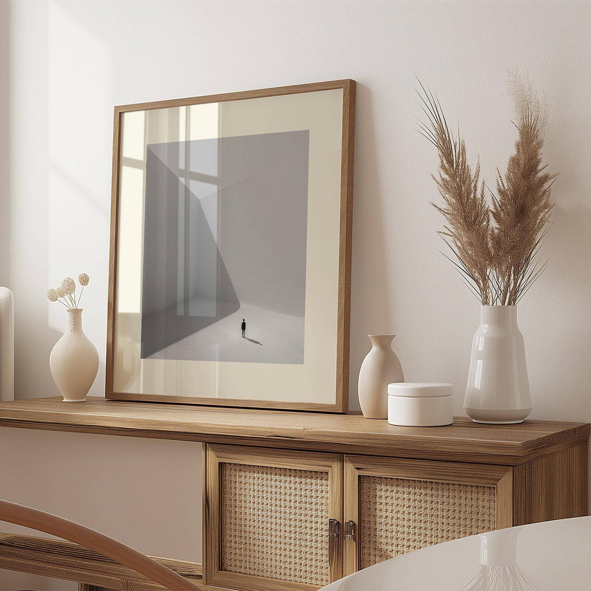Square Art Prints photographic minimalist artwork of a solitary man leaning on a wooden sideboard with vases