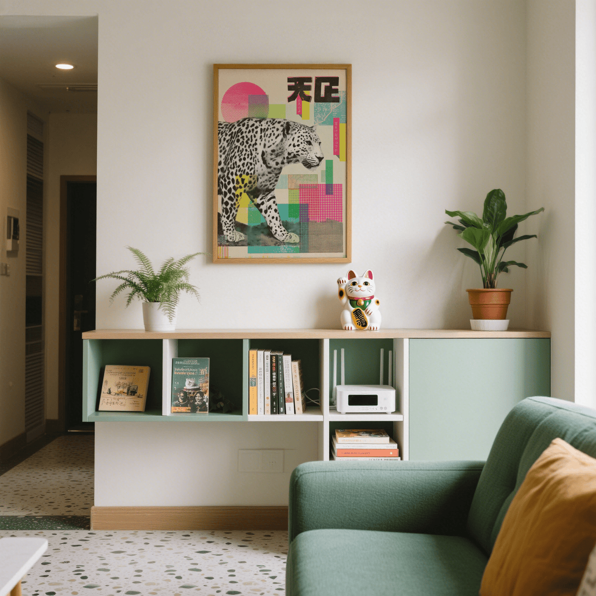 Abstract Leopard Print wall art above a shelf with plants and a lucky cat figure in a living room