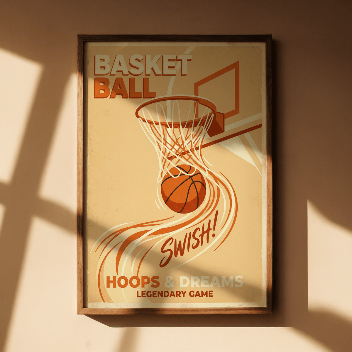 Framed basketball art print with a hoop and ball in retro orange and beige tones with light shadows