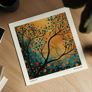 Orange and teal wall art showing abstract tree with swirling patterns on a wooden surface
