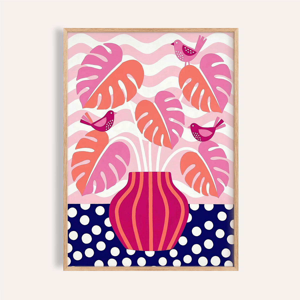 Framed tropical plant wall art with pink and orange monstera leaves and birds