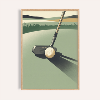 Framed golf putter art print in minimalist style with green and beige tones on cream wall