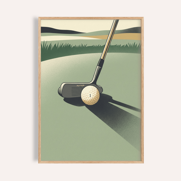 Framed golf putter art print in minimalist style with green and beige tones on cream wall