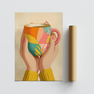 Coffee Mug Art print showing hands holding a colourful patterned mug with a packaging tube next to it