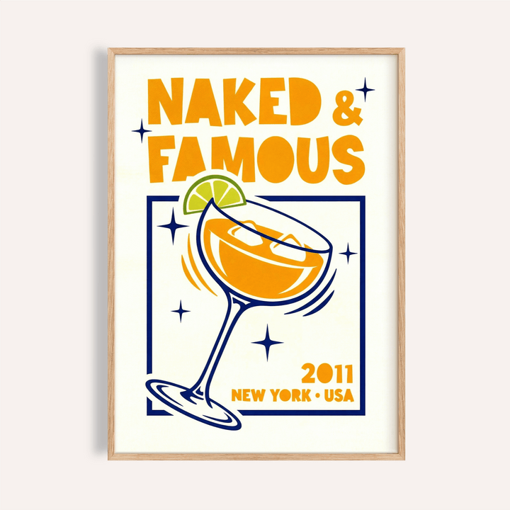 Framed Mezcal Cocktail Art Print with orange and navy typographic illustration in a light wooden frame