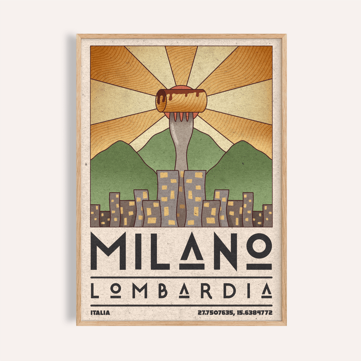 Framed Milano Art Print featuring a vintage illustration of a fork with a cannoli against a stylised Milano skyline