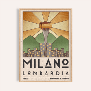 Framed Milano Art Print featuring a vintage illustration of a fork with a cannoli against a stylised Milano skyline