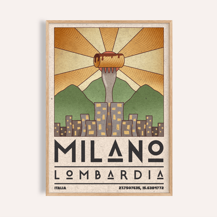 Framed Milano Art Print featuring a vintage illustration of a fork with a cannoli against a stylised Milano skyline