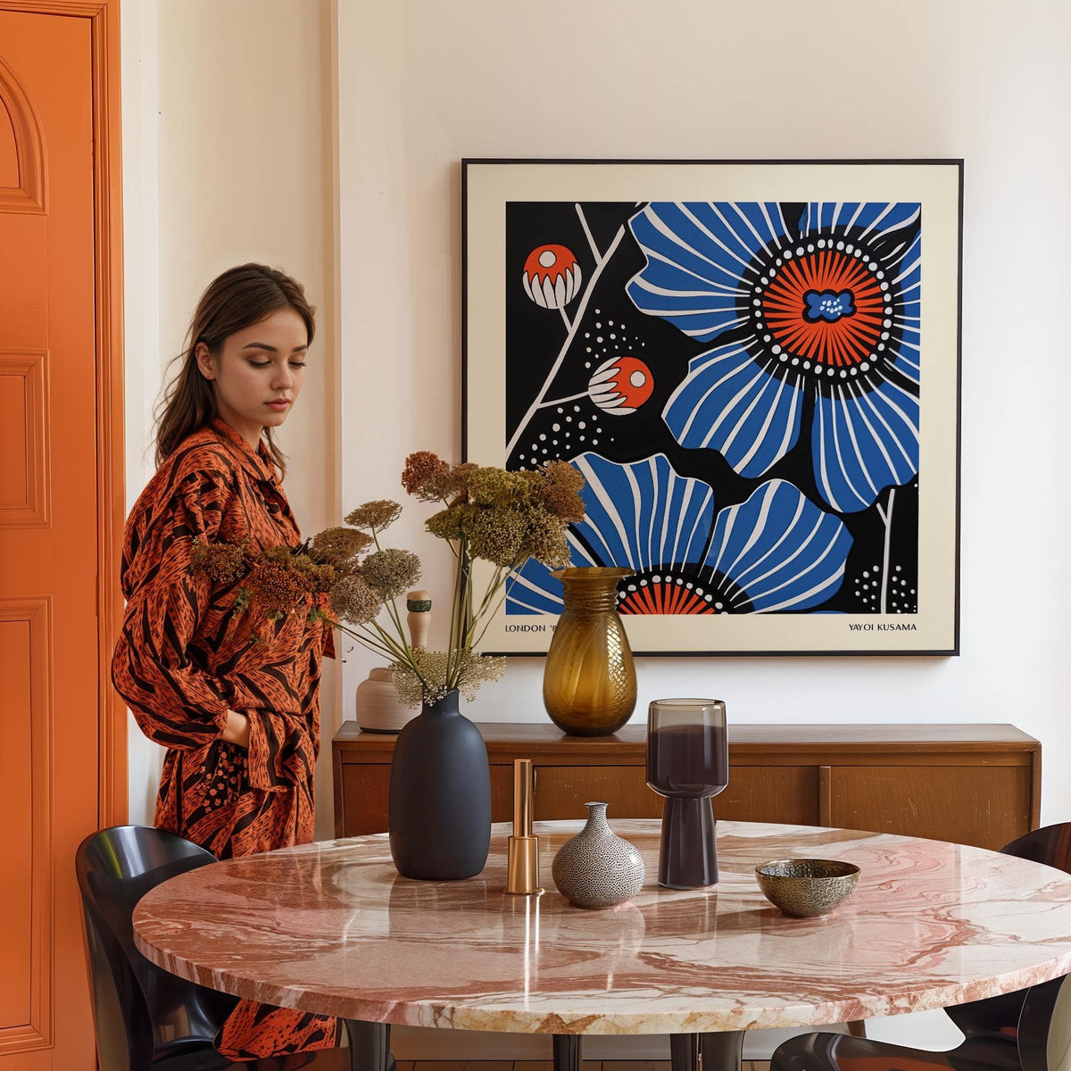 Flowers prints framed print close-up of blue and orange poppy flowers above a wooden sideboard