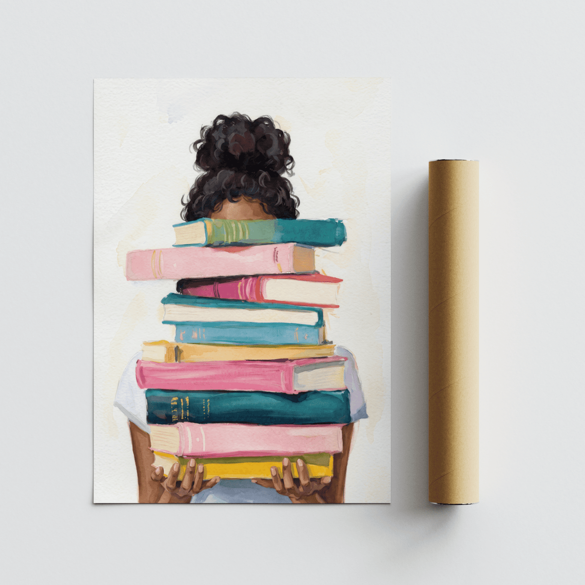 Book Lover Art Print loose on a pale surface with a brown packaging tube beside it