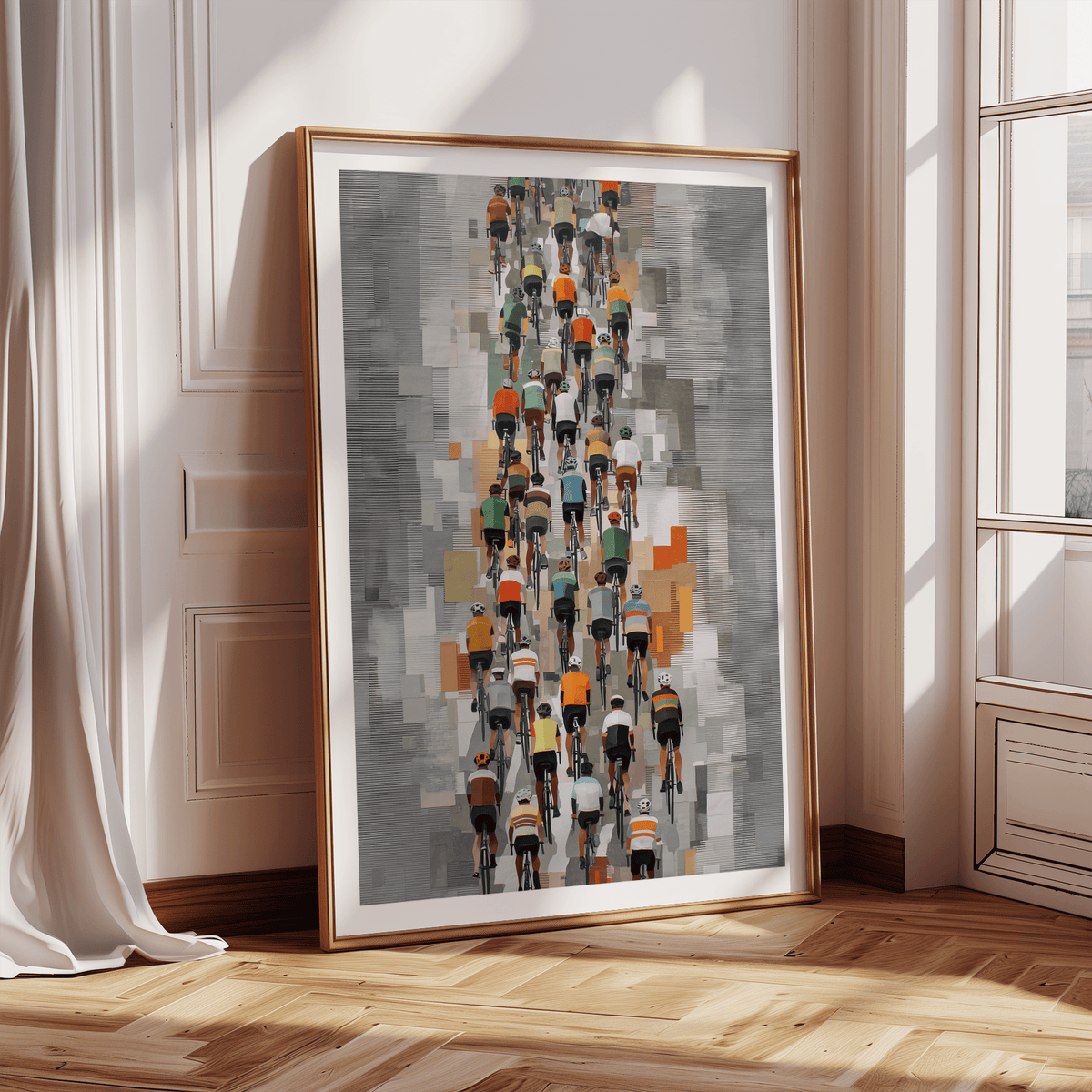 Print leaning on a floor of cyclists in colourful attire with a contemporary style beside a white curtain