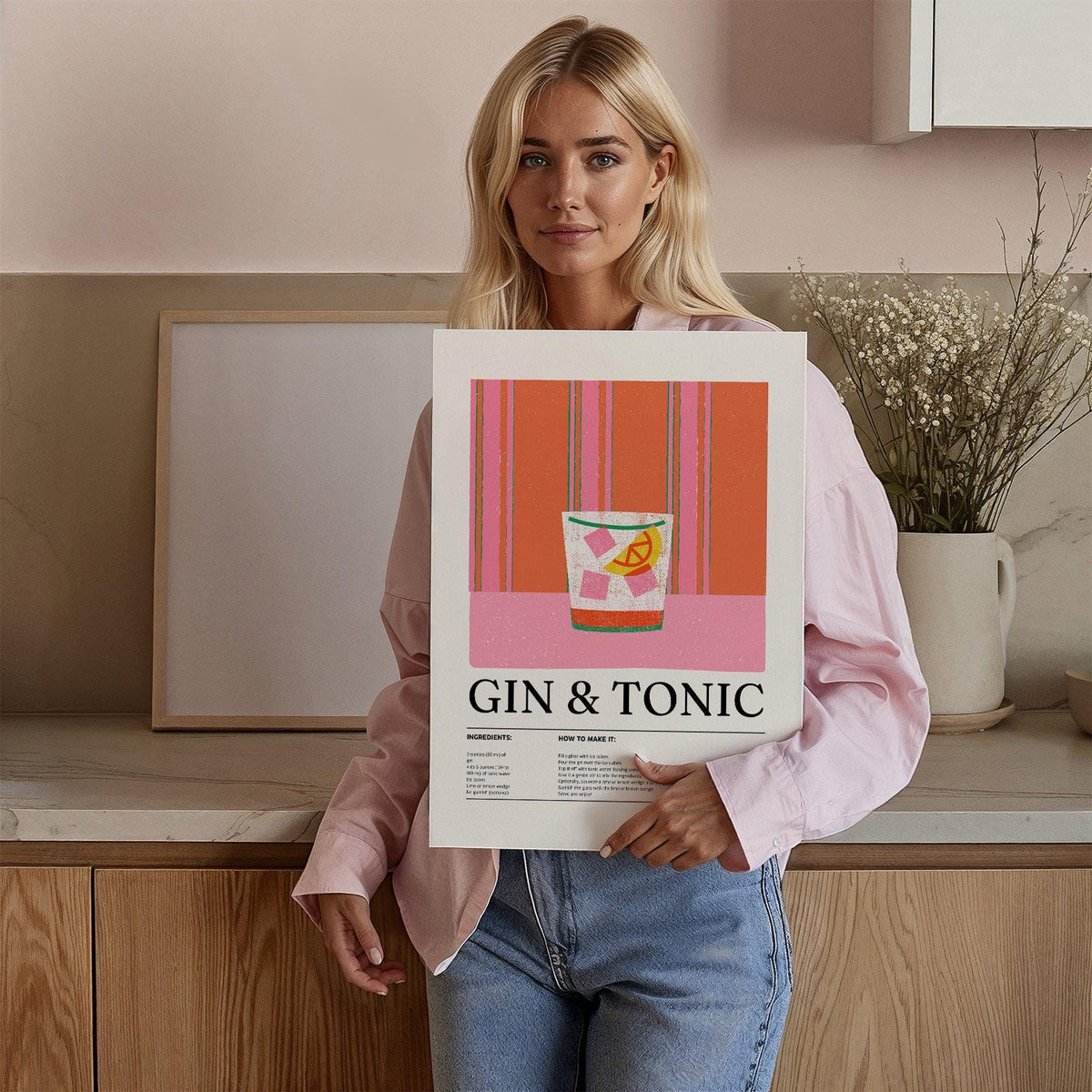 Kitchen art print of a gin and tonic cocktail illustration held by a woman with a pink shirt