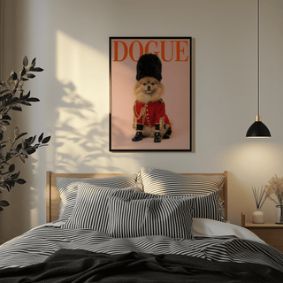 Pomeranian poster print of dog in red royal guard costume above bed with striped bedding