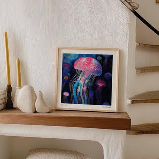 Print leaning on a shelf of glowing jellyfish in pink and blue shades with two candles nearby