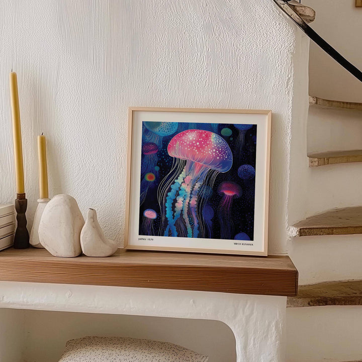 Print leaning on a shelf of glowing jellyfish in pink and blue shades with two candles nearby